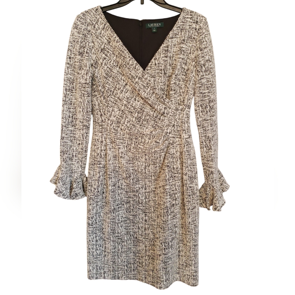 Ralph Lauren Black & White Tweed Faux Wrap Dress with Long Ruffle Sleeves Size 6